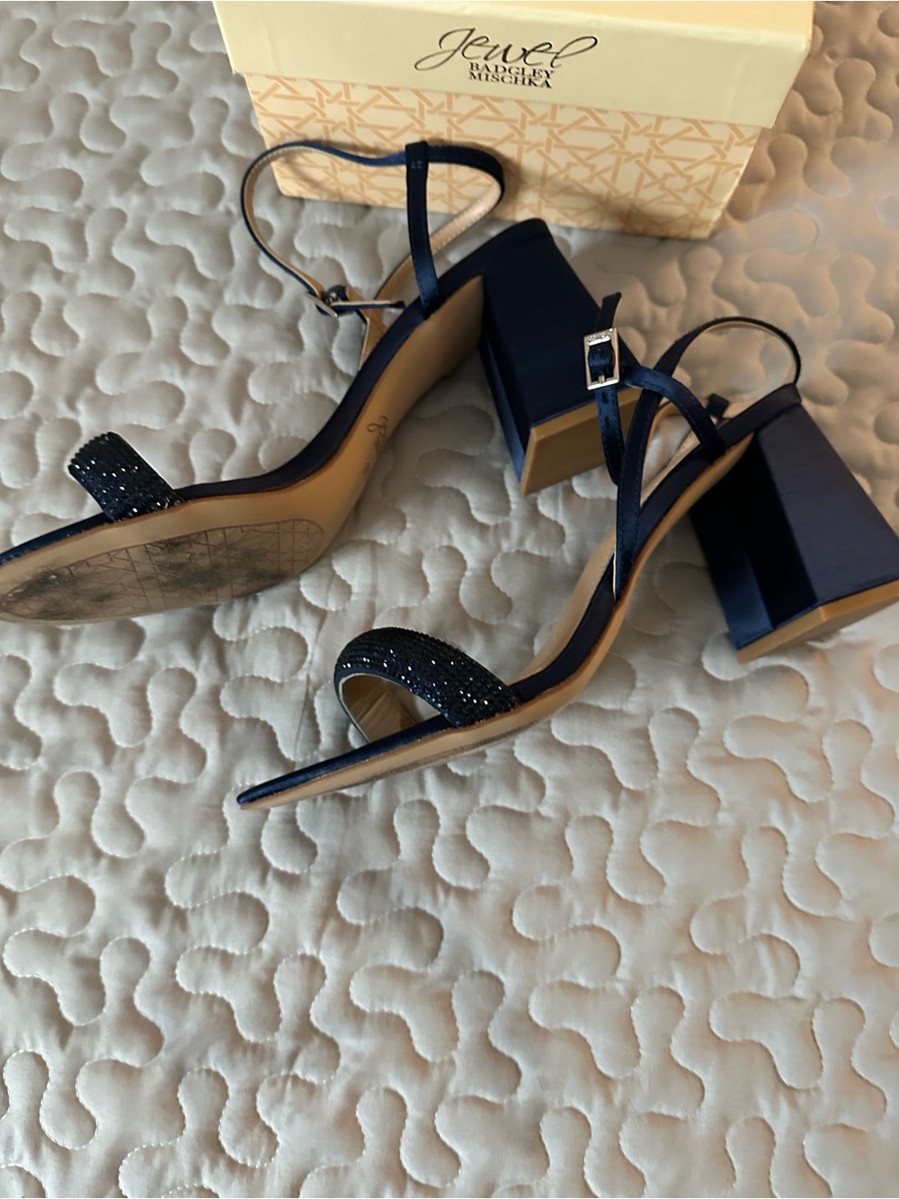 Badgley Mischka Navy Satin Block Heel Sandals with Crystal Strap - Picture 3 of 5